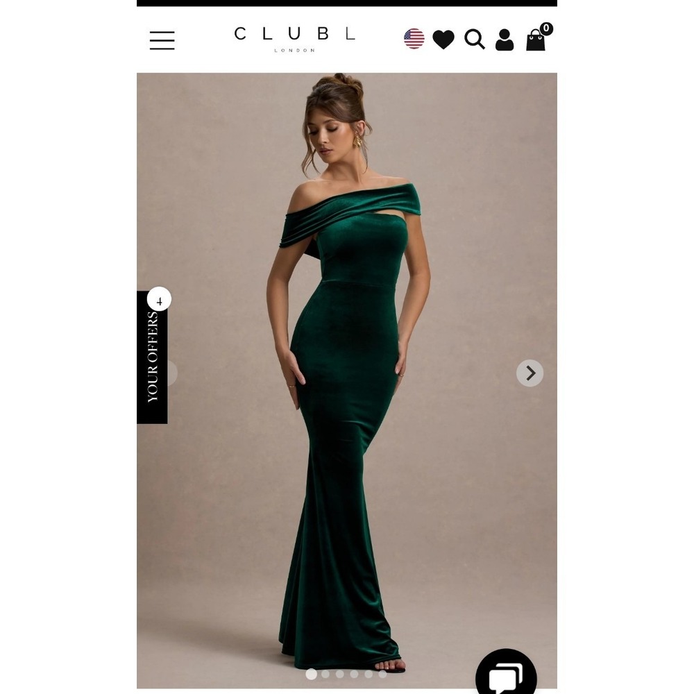 Club L London Candela Maxi Dress Women Size 4 Green New Velvet Asymmetric Bardot